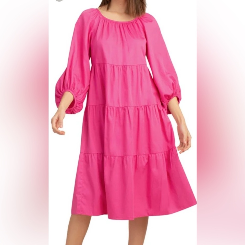 Trina Turk Sz L cassia tiered cotton dress ballon puff 3/4 sleeve Barbie pink